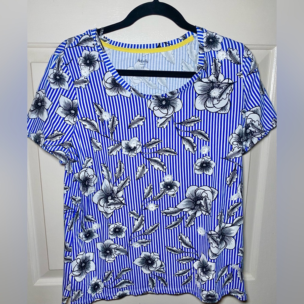Rafaella Weekend Women’s Blue & White Striped Floral Short Sleeve Top‎ Size L